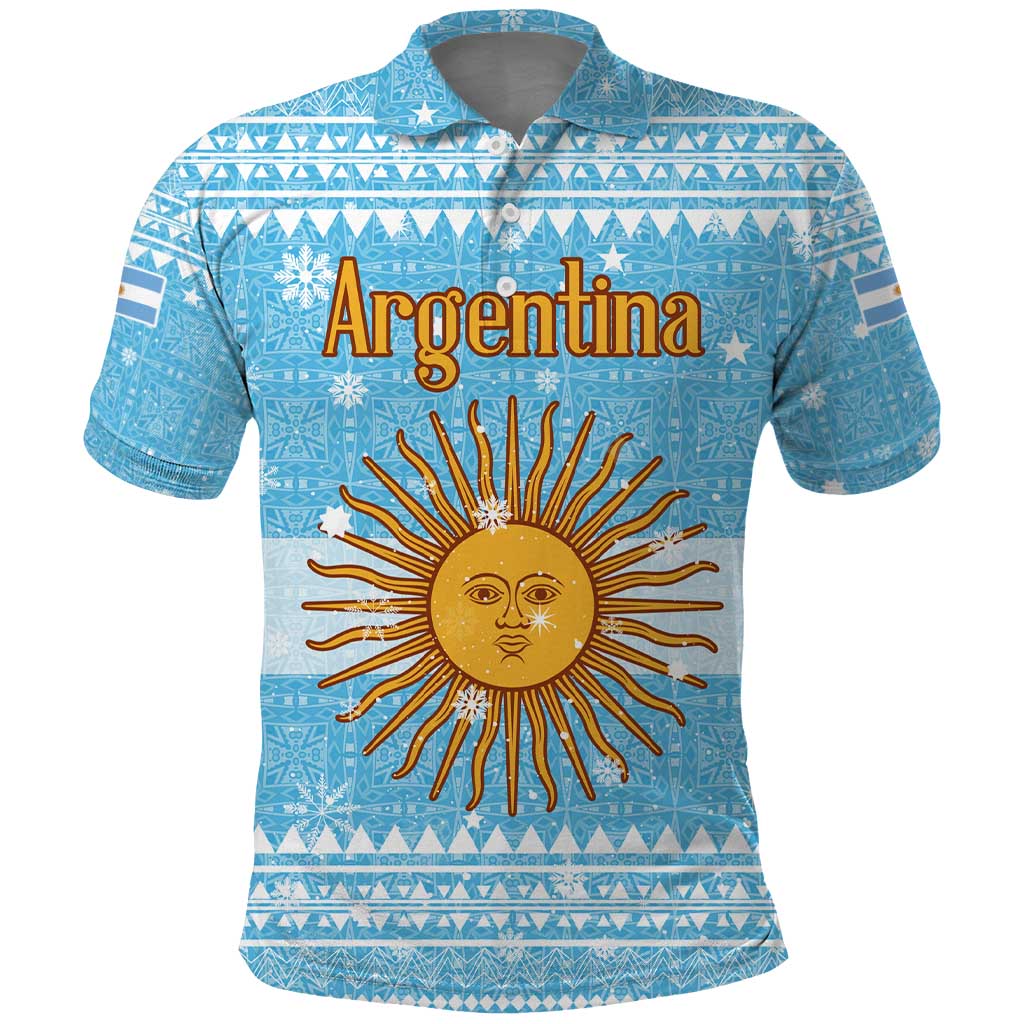 Argentina Christmas Polo Shirt with Blue-White Snowflake Pattern, Sun Emblem, and Map Motif - Wonder Print Shop