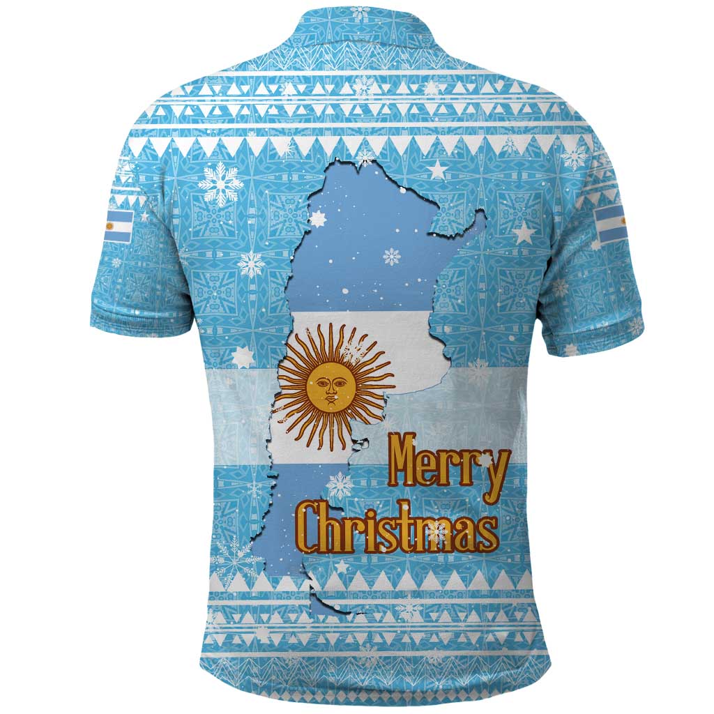Argentina Christmas Polo Shirt with Blue-White Snowflake Pattern, Sun Emblem, and Map Motif - Wonder Print Shop