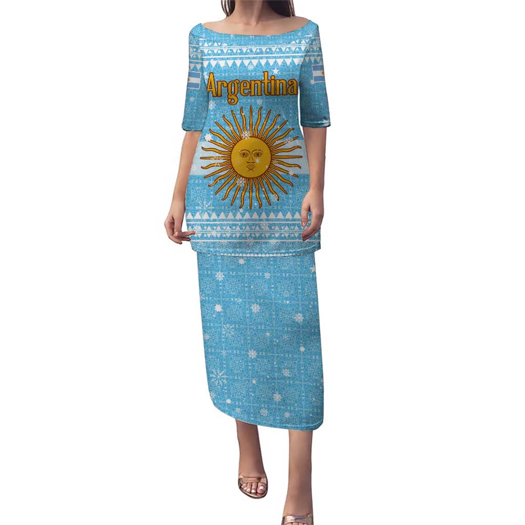 Argentina Christmas Puletasi with Blue-White Snowflake Pattern, Sun Emblem, and Map Motif - Wonder Print Shop