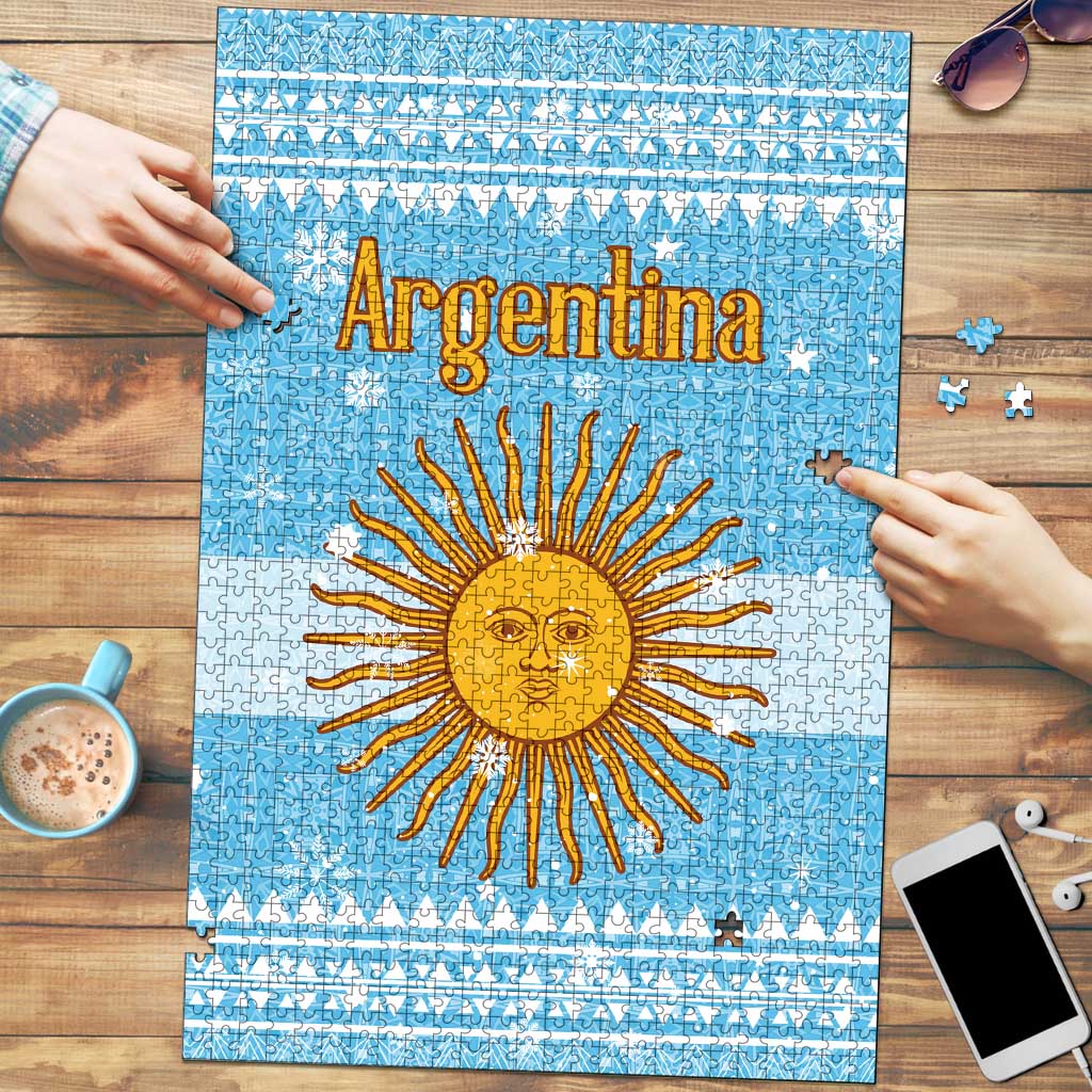 Argentina Christmas Puzzle with Blue-White Snowflake Pattern, Sun Emblem, and Map Motif - Wonder Print Shop