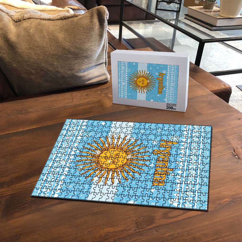 Argentina Christmas Puzzle with Blue-White Snowflake Pattern, Sun Emblem, and Map Motif - Wonder Print Shop