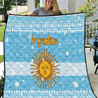 Argentina Christmas Quilt with Blue-White Snowflake Pattern, Sun Emblem, and Map Motif - Wonder Print Shop