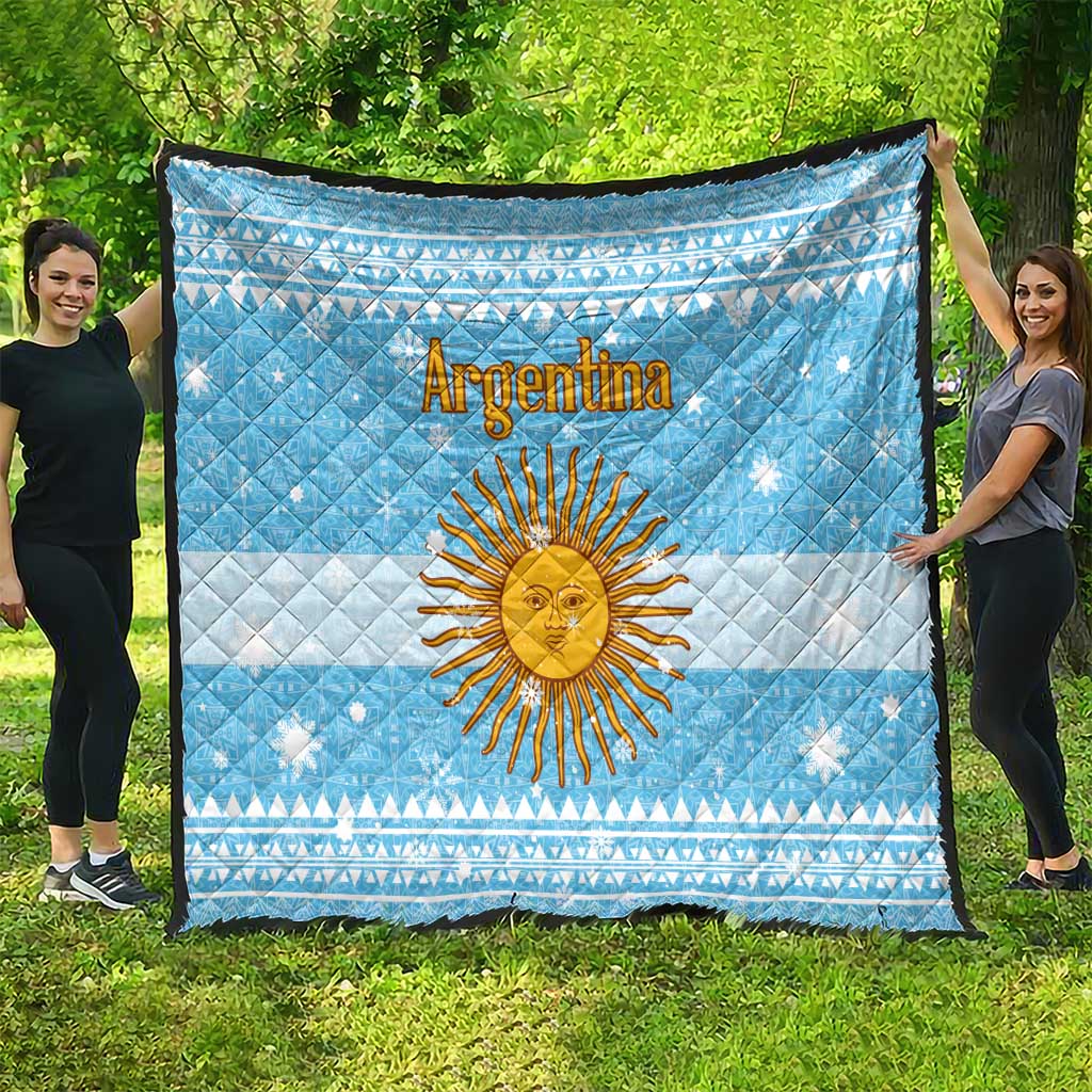 Argentina Christmas Quilt with Blue-White Snowflake Pattern, Sun Emblem, and Map Motif - Wonder Print Shop