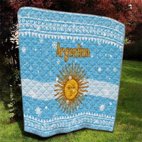 Argentina Christmas Quilt with Blue-White Snowflake Pattern, Sun Emblem, and Map Motif - Wonder Print Shop