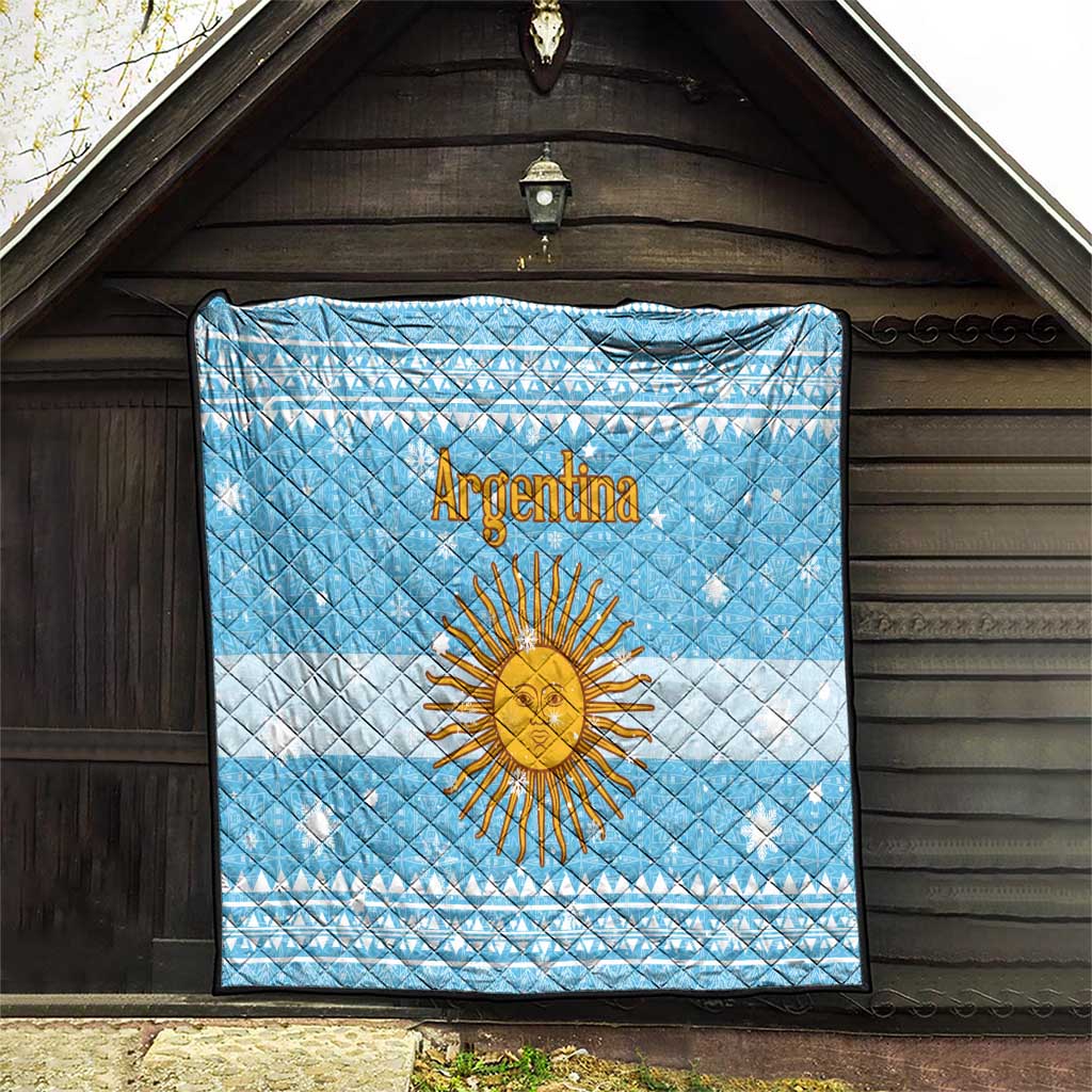 Argentina Christmas Quilt with Blue-White Snowflake Pattern, Sun Emblem, and Map Motif - Wonder Print Shop
