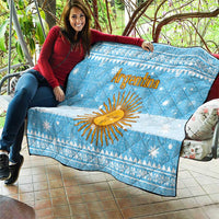 Argentina Christmas Quilt with Blue-White Snowflake Pattern, Sun Emblem, and Map Motif - Wonder Print Shop