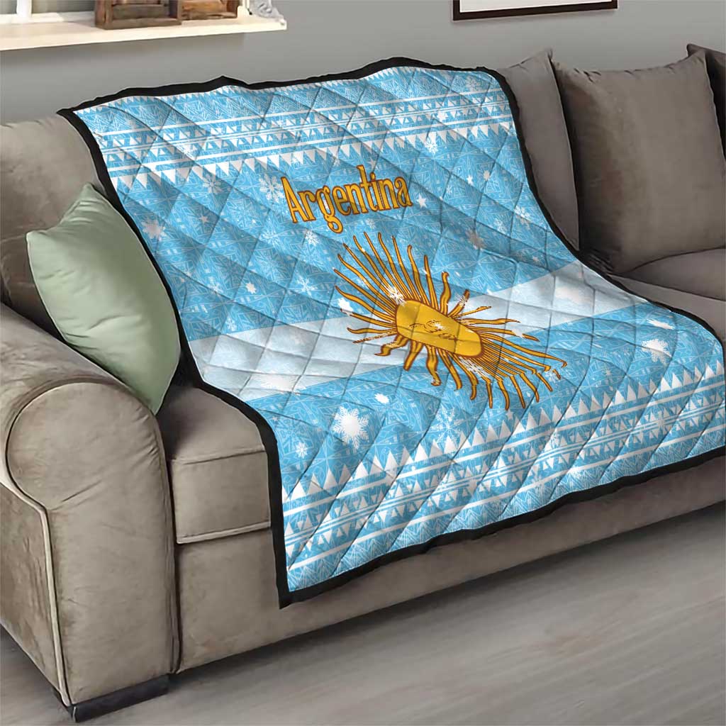 Argentina Christmas Quilt with Blue-White Snowflake Pattern, Sun Emblem, and Map Motif - Wonder Print Shop
