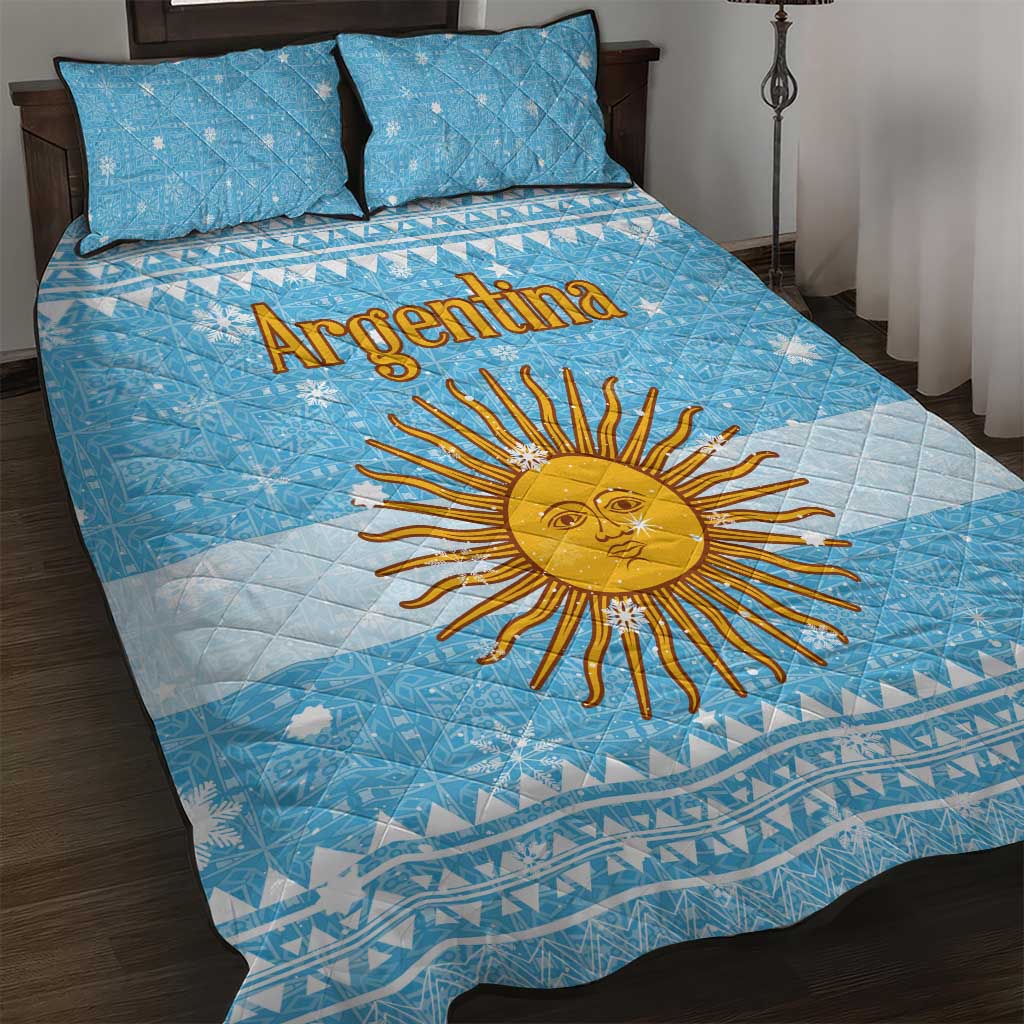 Argentina Christmas Quilt Bed Set with Blue-White Snowflake Pattern, Sun Emblem, and Map Motif - Wonder Print Shop