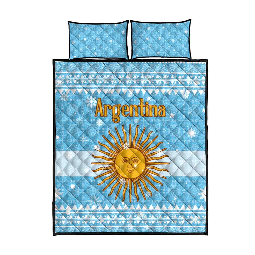 Argentina Christmas Quilt Bed Set with Blue-White Snowflake Pattern, Sun Emblem, and Map Motif - Wonder Print Shop