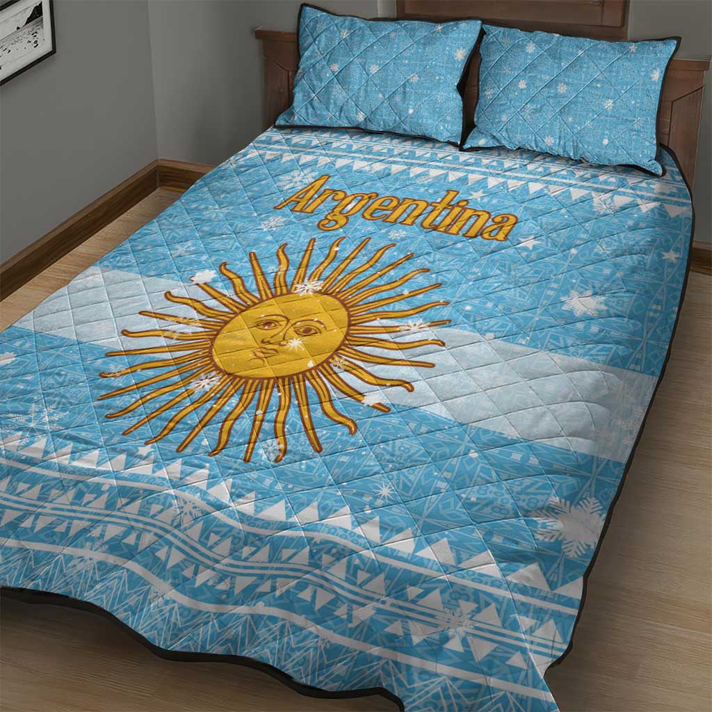 Argentina Christmas Quilt Bed Set with Blue-White Snowflake Pattern, Sun Emblem, and Map Motif - Wonder Print Shop