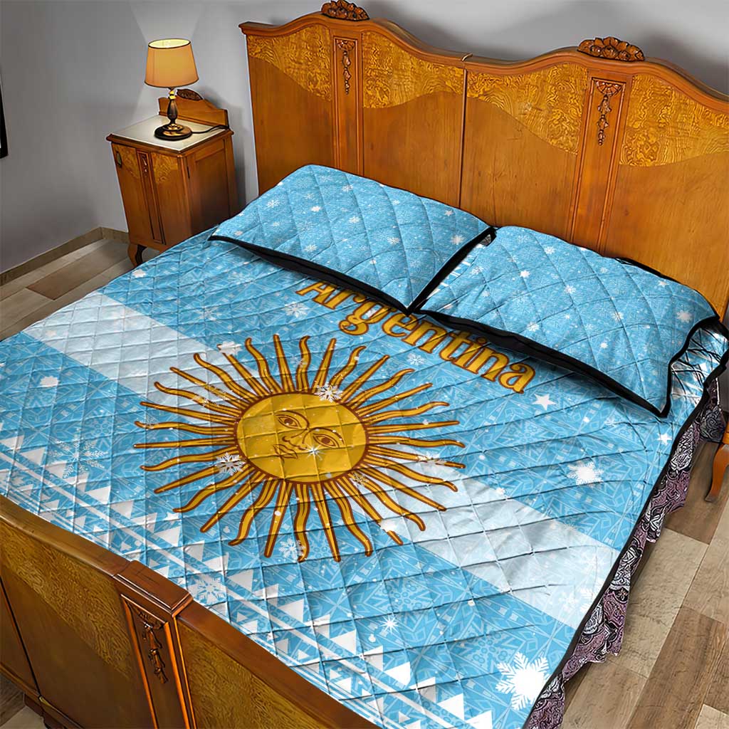 Argentina Christmas Quilt Bed Set with Blue-White Snowflake Pattern, Sun Emblem, and Map Motif - Wonder Print Shop