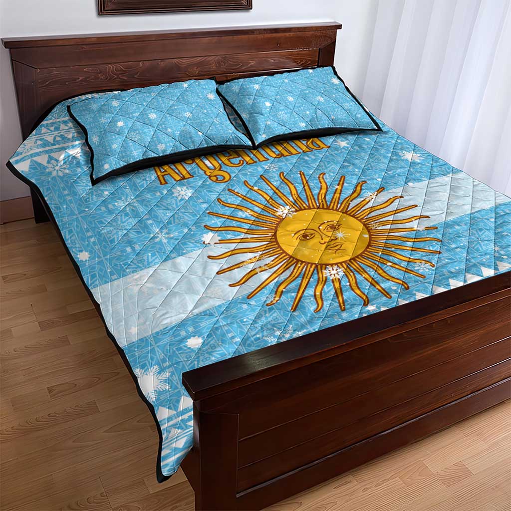 Argentina Christmas Quilt Bed Set with Blue-White Snowflake Pattern, Sun Emblem, and Map Motif - Wonder Print Shop