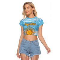 Argentina Christmas Raglan Cropped T Shirt with Blue-White Snowflake Pattern, Sun Emblem, and Map Motif - Wonder Print Shop