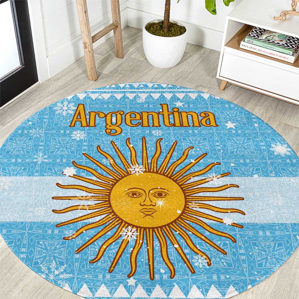 Argentina Christmas Round Carpet with Blue-White Snowflake Pattern, Sun Emblem, and Map Motif - Wonder Print Shop