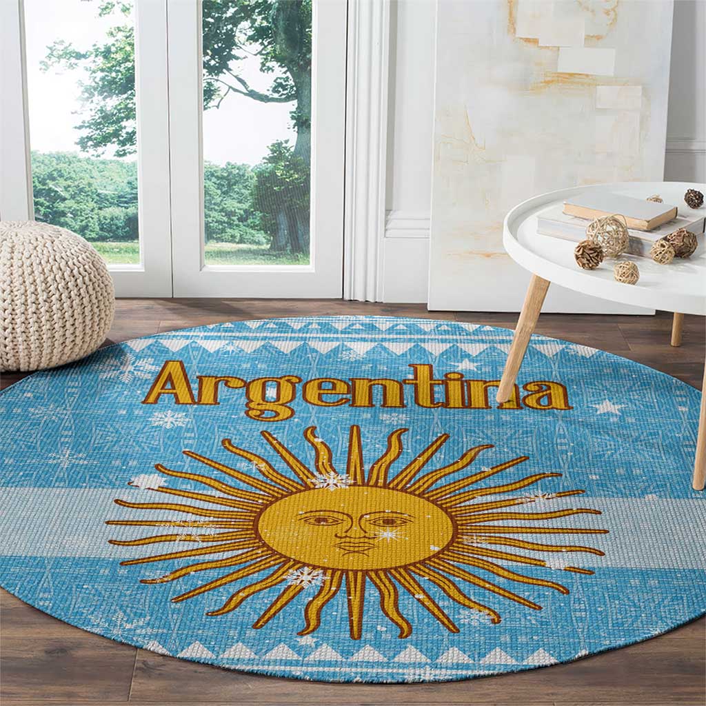 Argentina Christmas Round Carpet with Blue-White Snowflake Pattern, Sun Emblem, and Map Motif - Wonder Print Shop