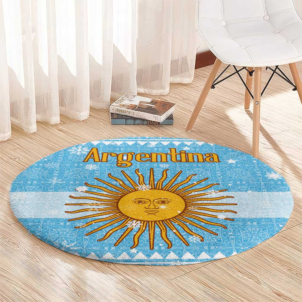 Argentina Christmas Round Carpet with Blue-White Snowflake Pattern, Sun Emblem, and Map Motif - Wonder Print Shop