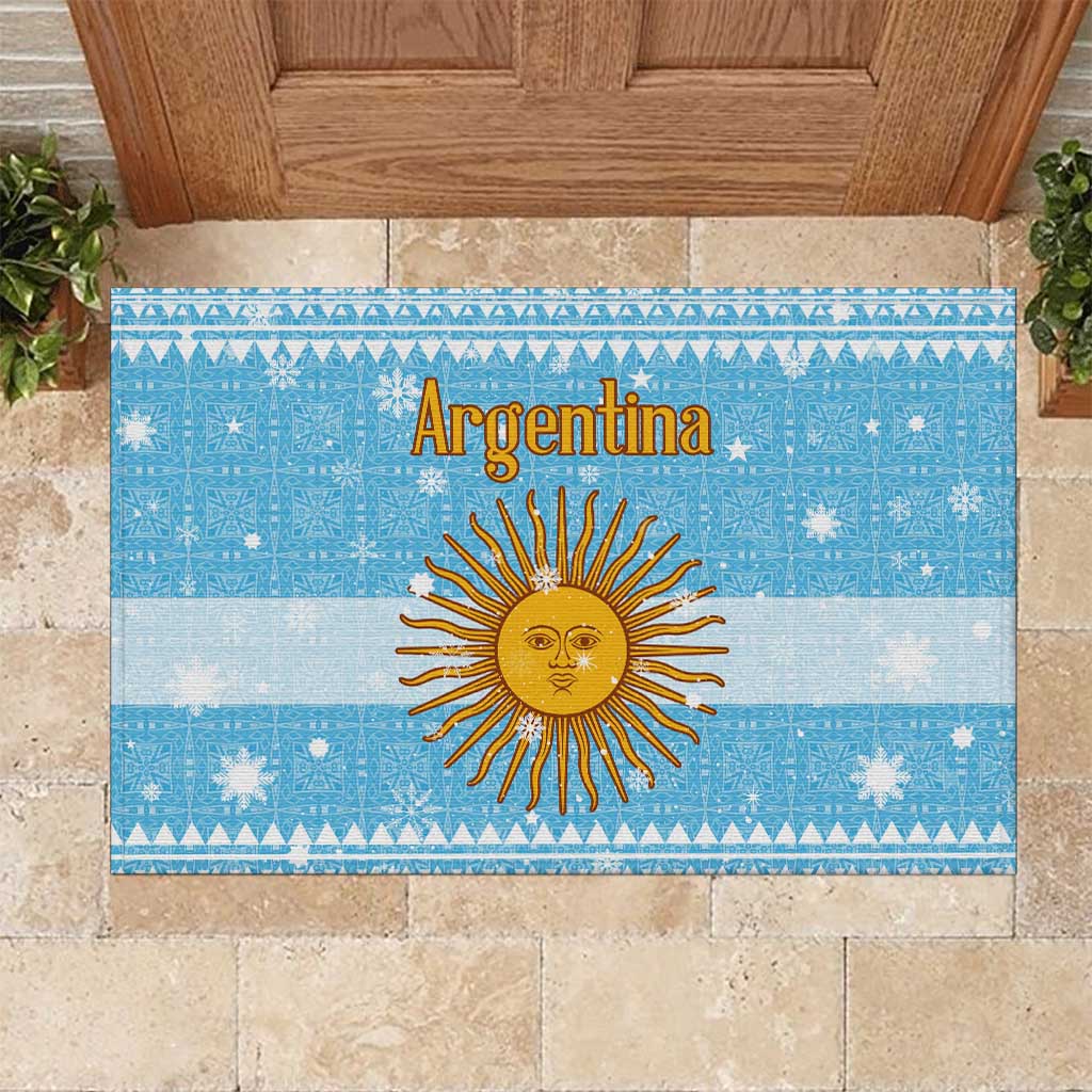 Argentina Christmas Rubber Doormat with Blue-White Snowflake Pattern, Sun Emblem, and Map Motif - Wonder Print Shop
