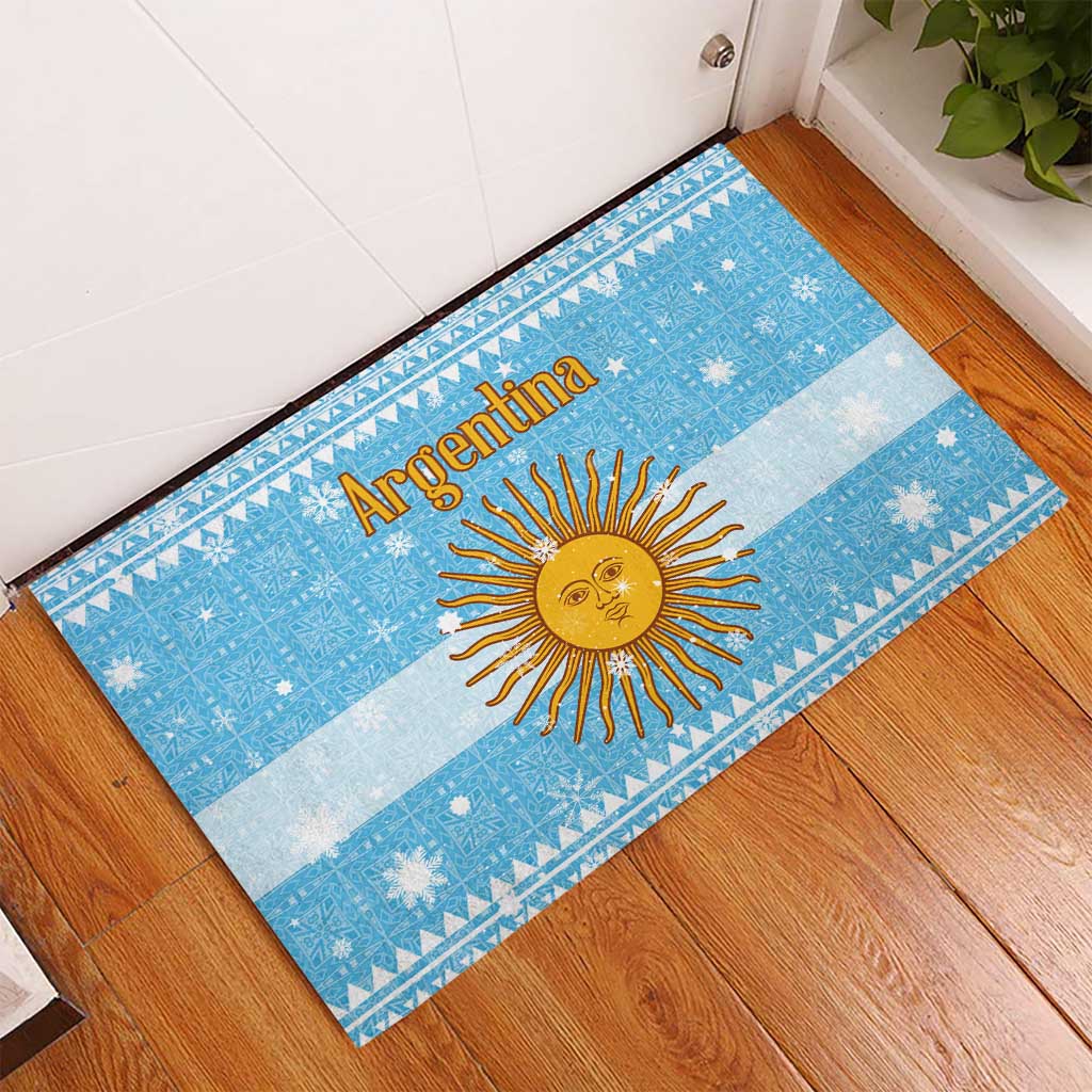 Argentina Christmas Rubber Doormat with Blue-White Snowflake Pattern, Sun Emblem, and Map Motif - Wonder Print Shop