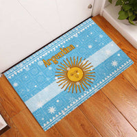 Argentina Christmas Rubber Doormat with Blue-White Snowflake Pattern, Sun Emblem, and Map Motif - Wonder Print Shop