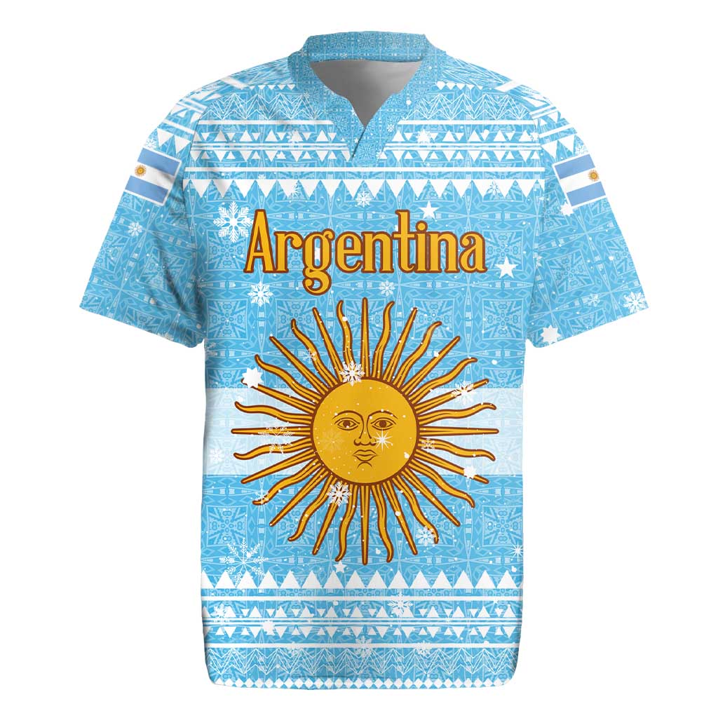 Argentina Christmas Rugby Jersey with Blue-White Snowflake Pattern, Sun Emblem, and Map Motif - Wonder Print Shop
