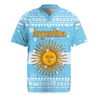 Argentina Christmas Rugby Jersey with Blue-White Snowflake Pattern, Sun Emblem, and Map Motif - Wonder Print Shop