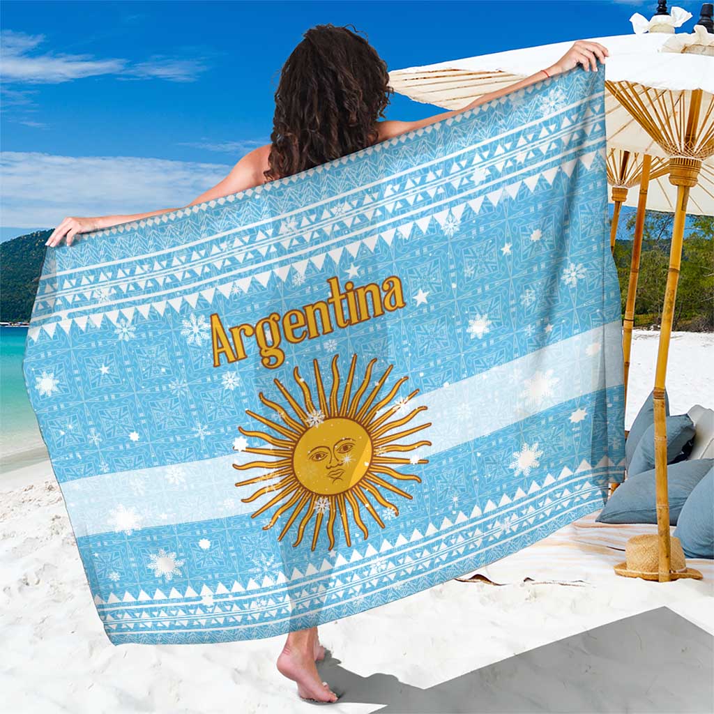 Argentina Christmas Sarong with Blue-White Snowflake Pattern, Sun Emblem, and Map Motif - Wonder Print Shop