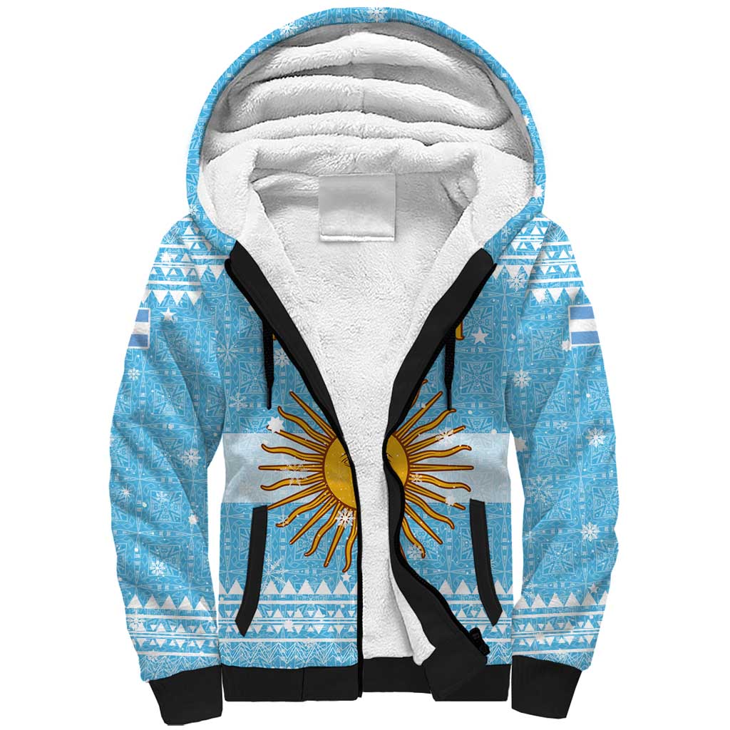 Argentina Christmas Sherpa Hoodie with Blue-White Snowflake Pattern, Sun Emblem, and Map Motif - Wonder Print Shop