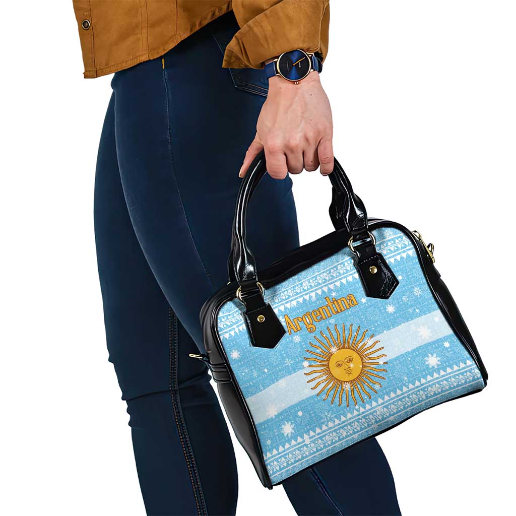 Argentina Christmas Shoulder Handbag with Blue-White Snowflake Pattern, Sun Emblem, and Map Motif - Wonder Print Shop