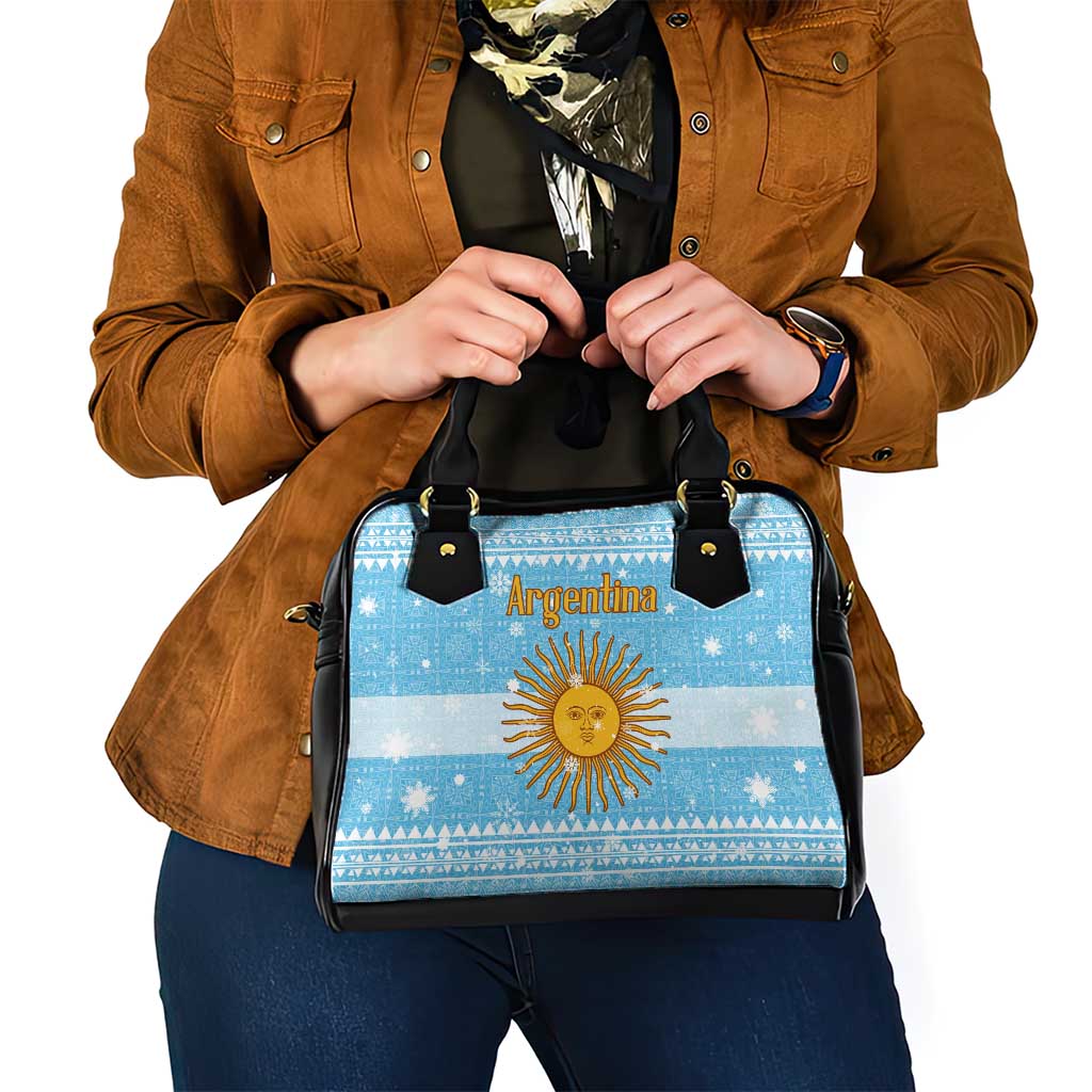 Argentina Christmas Shoulder Handbag with Blue-White Snowflake Pattern, Sun Emblem, and Map Motif - Wonder Print Shop