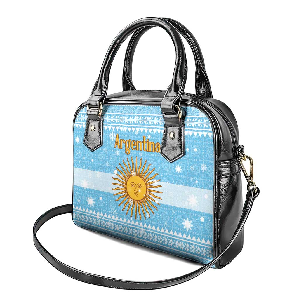Argentina Christmas Shoulder Handbag with Blue-White Snowflake Pattern, Sun Emblem, and Map Motif - Wonder Print Shop