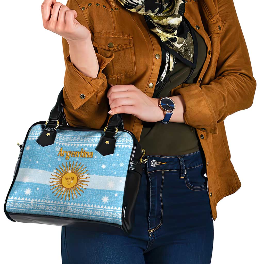 Argentina Christmas Shoulder Handbag with Blue-White Snowflake Pattern, Sun Emblem, and Map Motif - Wonder Print Shop