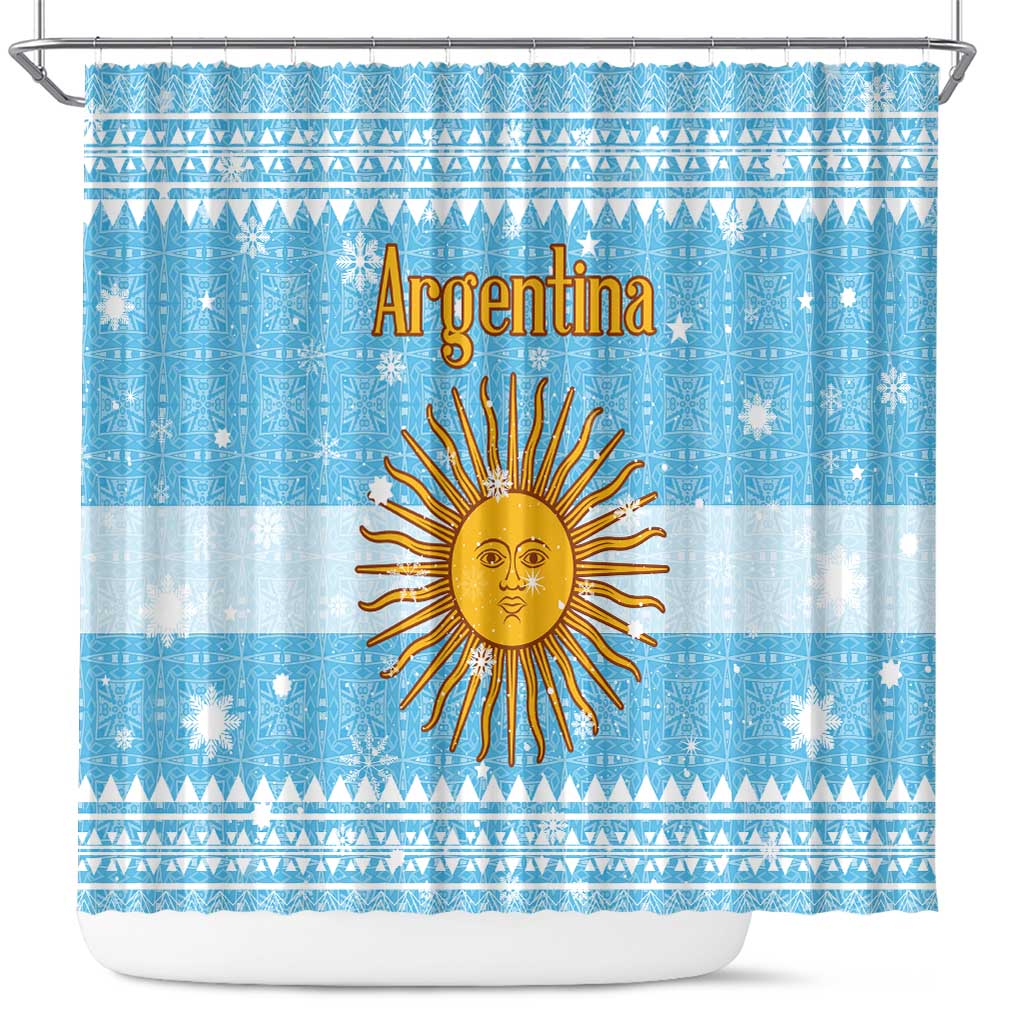 Argentina Christmas Shower Curtain with Blue-White Snowflake Pattern, Sun Emblem, and Map Motif - Wonder Print Shop