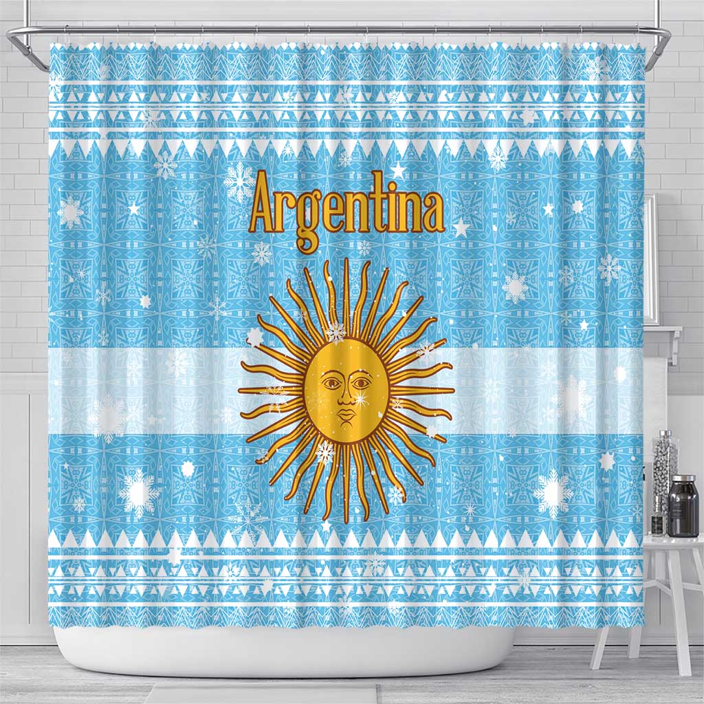 Argentina Christmas Shower Curtain with Blue-White Snowflake Pattern, Sun Emblem, and Map Motif - Wonder Print Shop