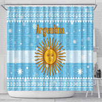 Argentina Christmas Shower Curtain with Blue-White Snowflake Pattern, Sun Emblem, and Map Motif - Wonder Print Shop