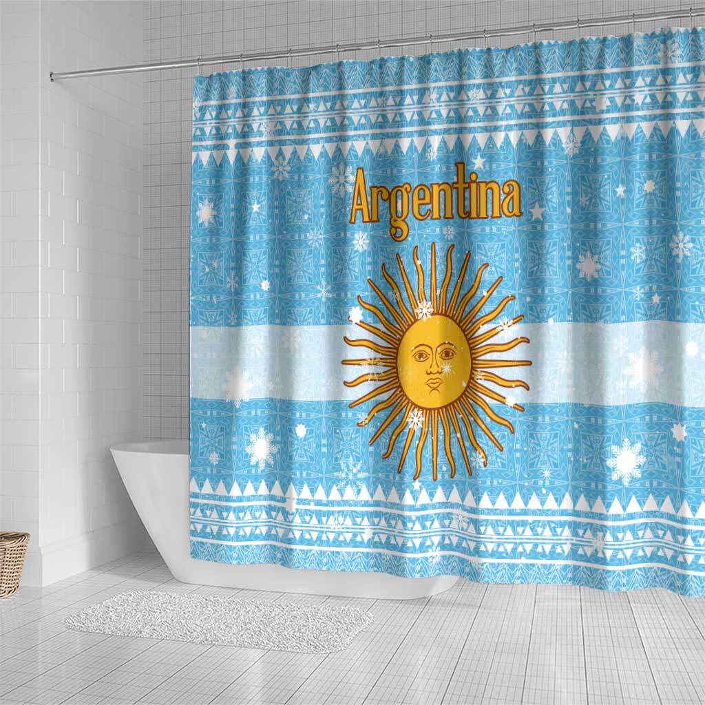 Argentina Christmas Shower Curtain with Blue-White Snowflake Pattern, Sun Emblem, and Map Motif - Wonder Print Shop