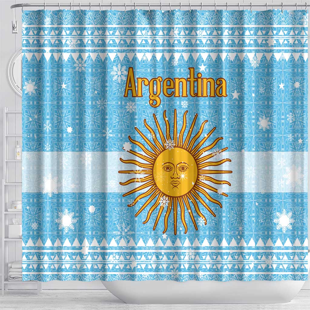 Argentina Christmas Shower Curtain with Blue-White Snowflake Pattern, Sun Emblem, and Map Motif - Wonder Print Shop
