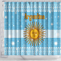 Argentina Christmas Shower Curtain with Blue-White Snowflake Pattern, Sun Emblem, and Map Motif - Wonder Print Shop