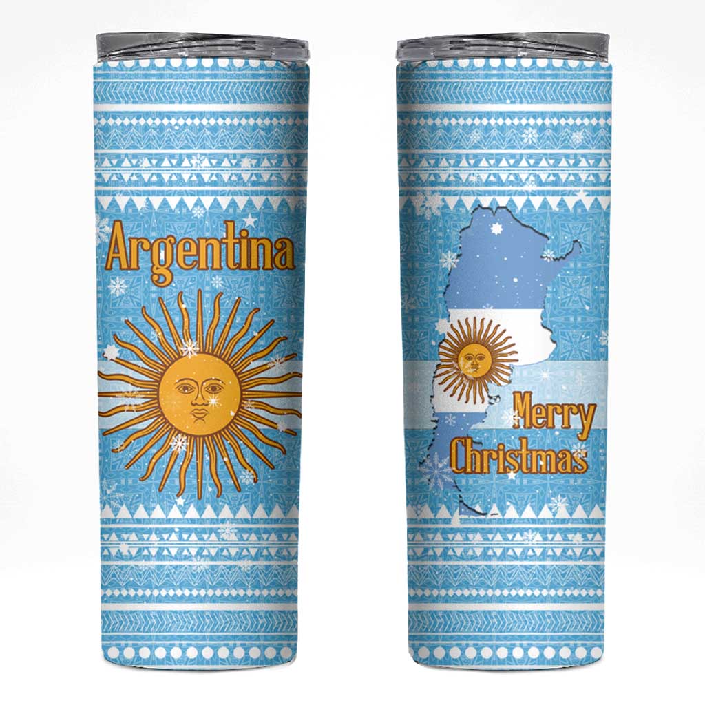 Argentina Christmas Skinny Tumbler with Blue-White Snowflake Pattern, Sun Emblem, and Map Motif - Wonder Print Shop