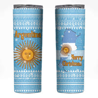 Argentina Christmas Skinny Tumbler with Blue-White Snowflake Pattern, Sun Emblem, and Map Motif - Wonder Print Shop