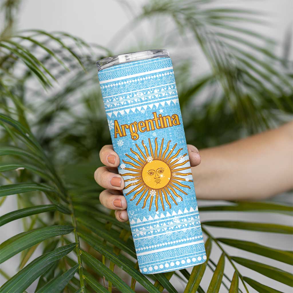 Argentina Christmas Skinny Tumbler with Blue-White Snowflake Pattern, Sun Emblem, and Map Motif - Wonder Print Shop
