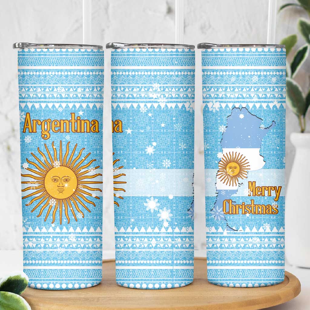 Argentina Christmas Skinny Tumbler with Blue-White Snowflake Pattern, Sun Emblem, and Map Motif - Wonder Print Shop