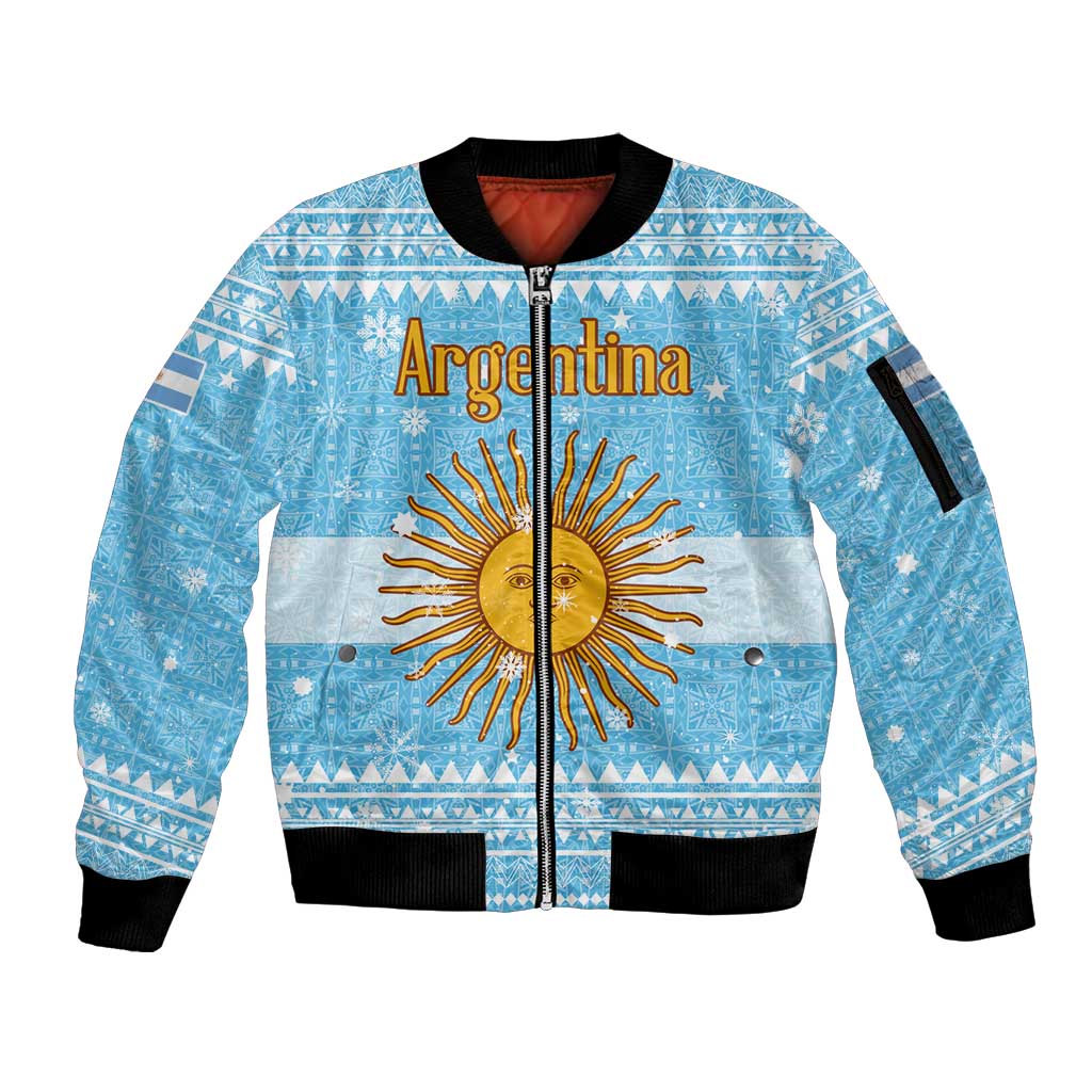 Argentina Christmas Sleeve Zip Bomber Jacket with Blue-White Snowflake Pattern, Sun Emblem, and Map Motif - Wonder Print Shop