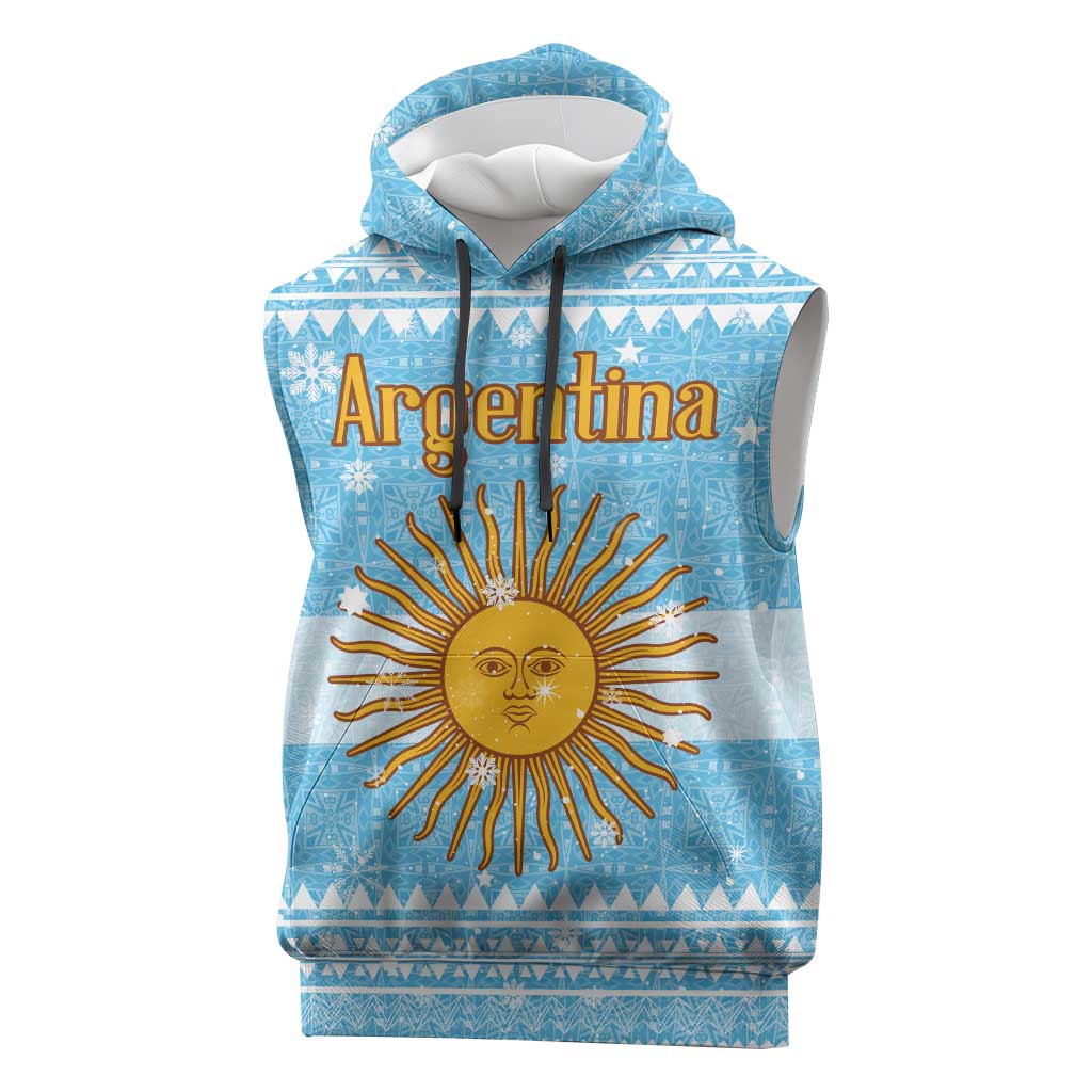 Argentina Christmas Sleeveless Hoodie with Blue-White Snowflake Pattern, Sun Emblem, and Map Motif - Wonder Print Shop