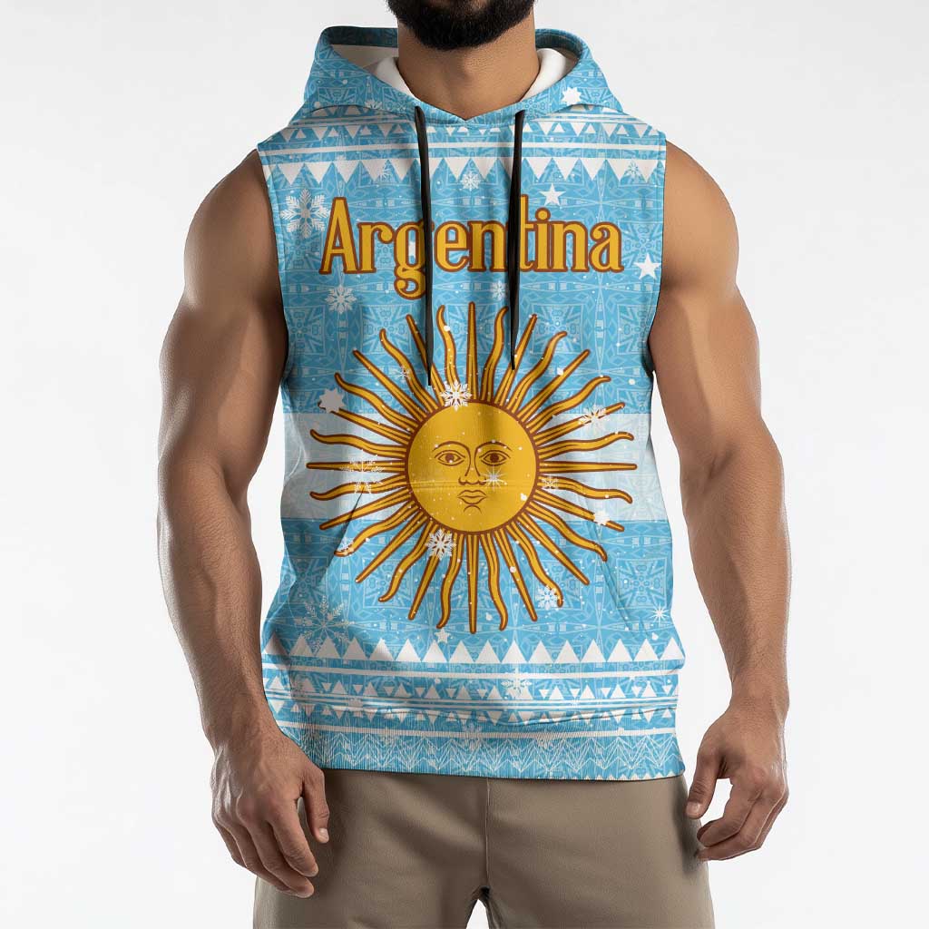 Argentina Christmas Sleeveless Hoodie with Blue-White Snowflake Pattern, Sun Emblem, and Map Motif - Wonder Print Shop
