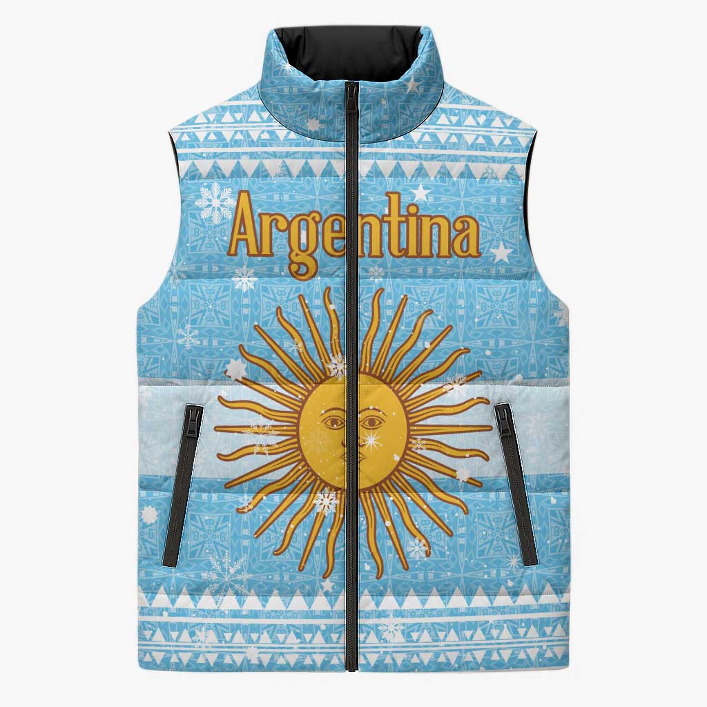 Argentina Christmas Sleeveless Puffer Jacket with Blue-White Snowflake Pattern, Sun Emblem, and Map Motif - Wonder Print Shop