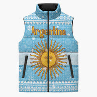 Argentina Christmas Sleeveless Puffer Jacket with Blue-White Snowflake Pattern, Sun Emblem, and Map Motif - Wonder Print Shop