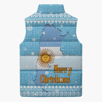Argentina Christmas Sleeveless Puffer Jacket with Blue-White Snowflake Pattern, Sun Emblem, and Map Motif - Wonder Print Shop