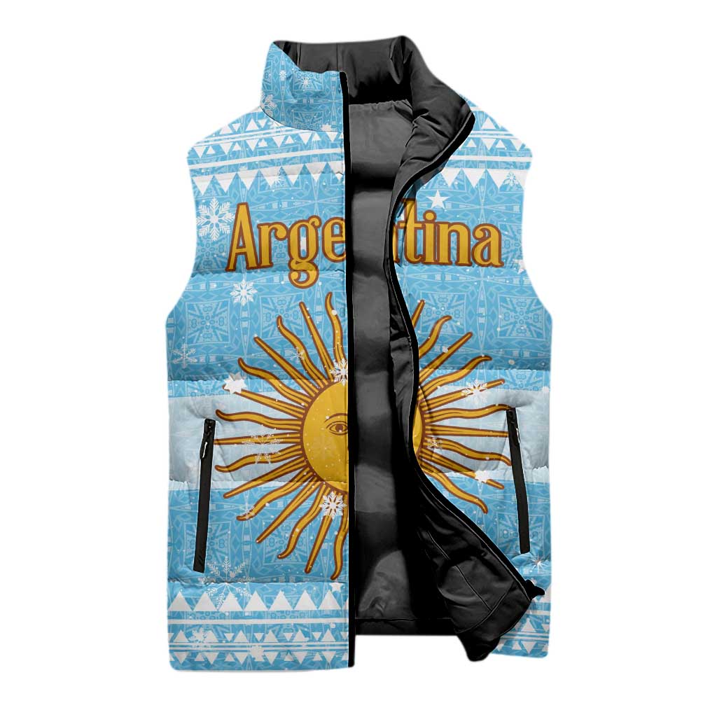 Argentina Christmas Sleeveless Puffer Jacket with Blue-White Snowflake Pattern, Sun Emblem, and Map Motif - Wonder Print Shop