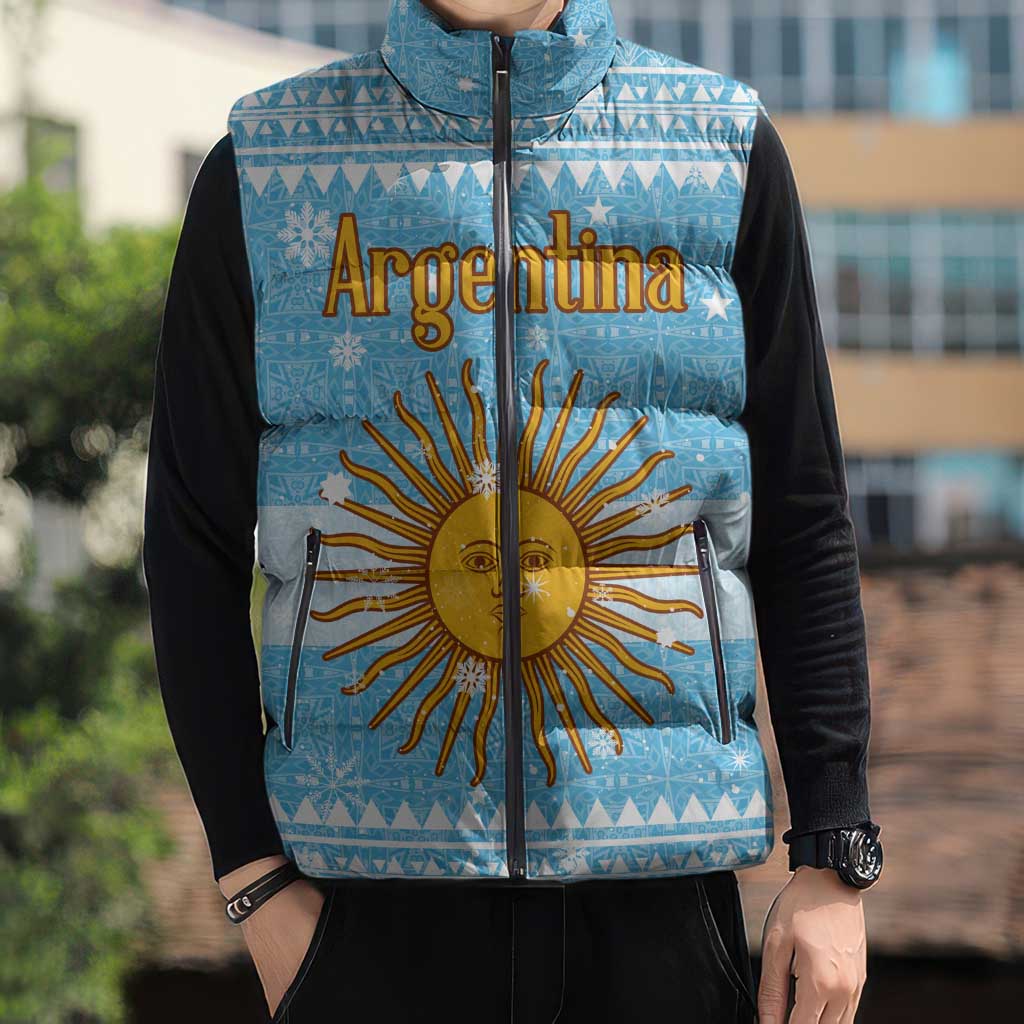 Argentina Christmas Sleeveless Puffer Jacket with Blue-White Snowflake Pattern, Sun Emblem, and Map Motif - Wonder Print Shop