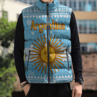 Argentina Christmas Sleeveless Puffer Jacket with Blue-White Snowflake Pattern, Sun Emblem, and Map Motif - Wonder Print Shop